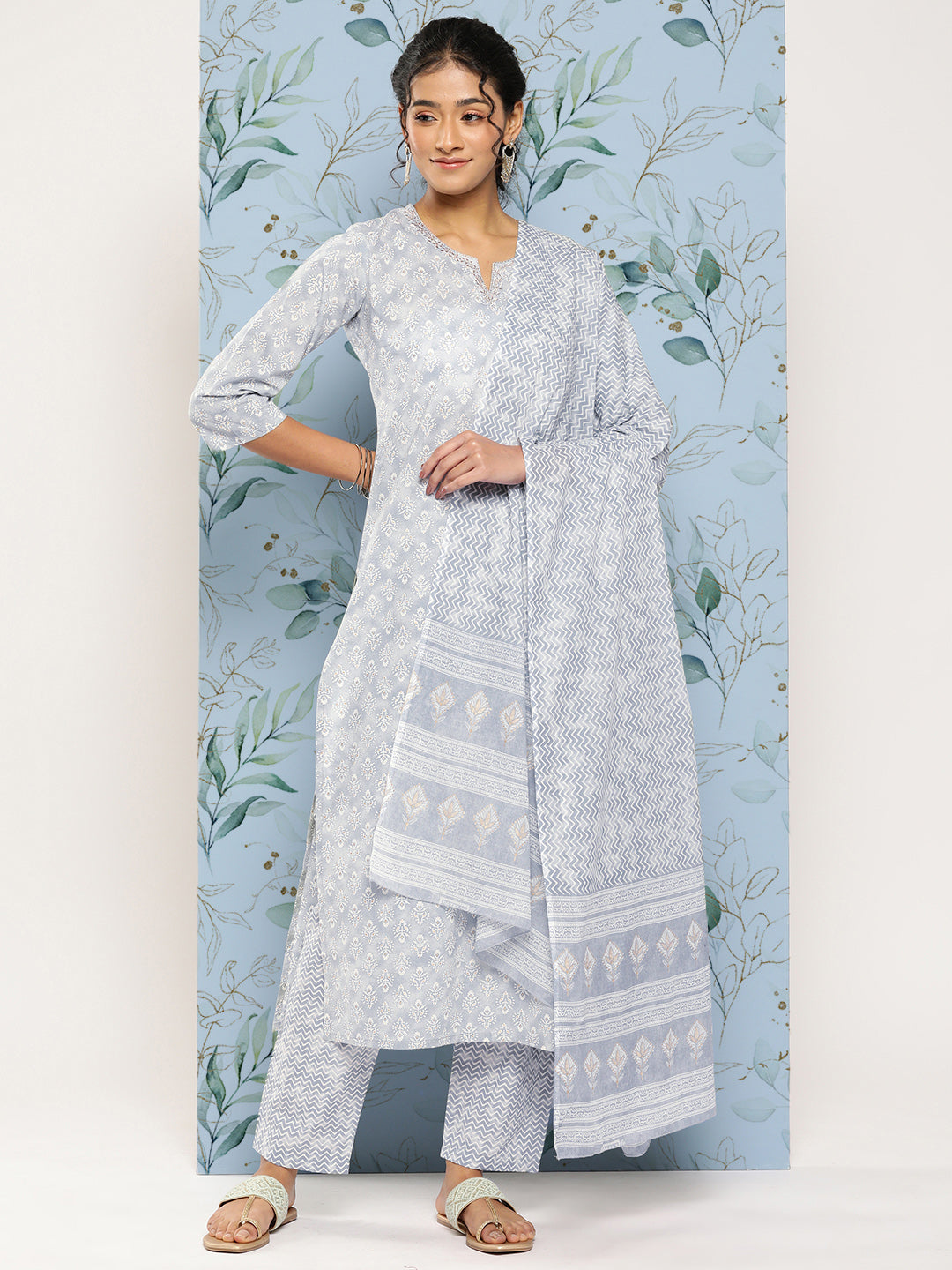 Women's Grey Ethnic Embroidered Kurta With Palazzo And Dupatta - Nayo Clothing