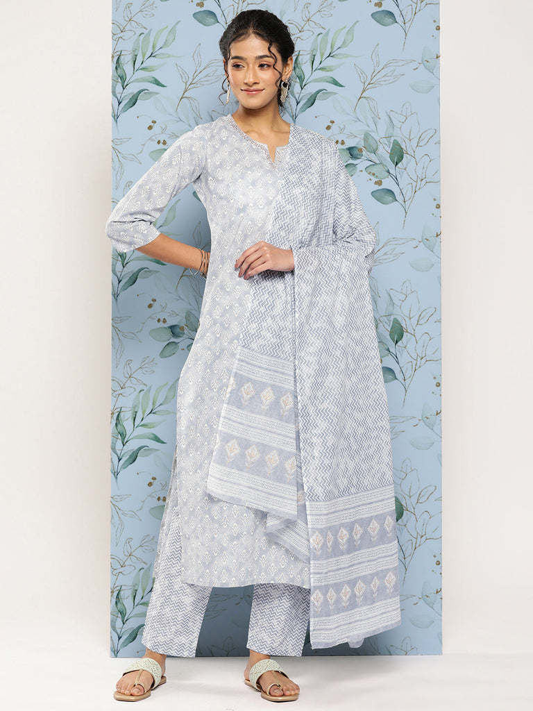 Women's Grey Ethnic Embroidered Kurta With Palazzo And Dupatta