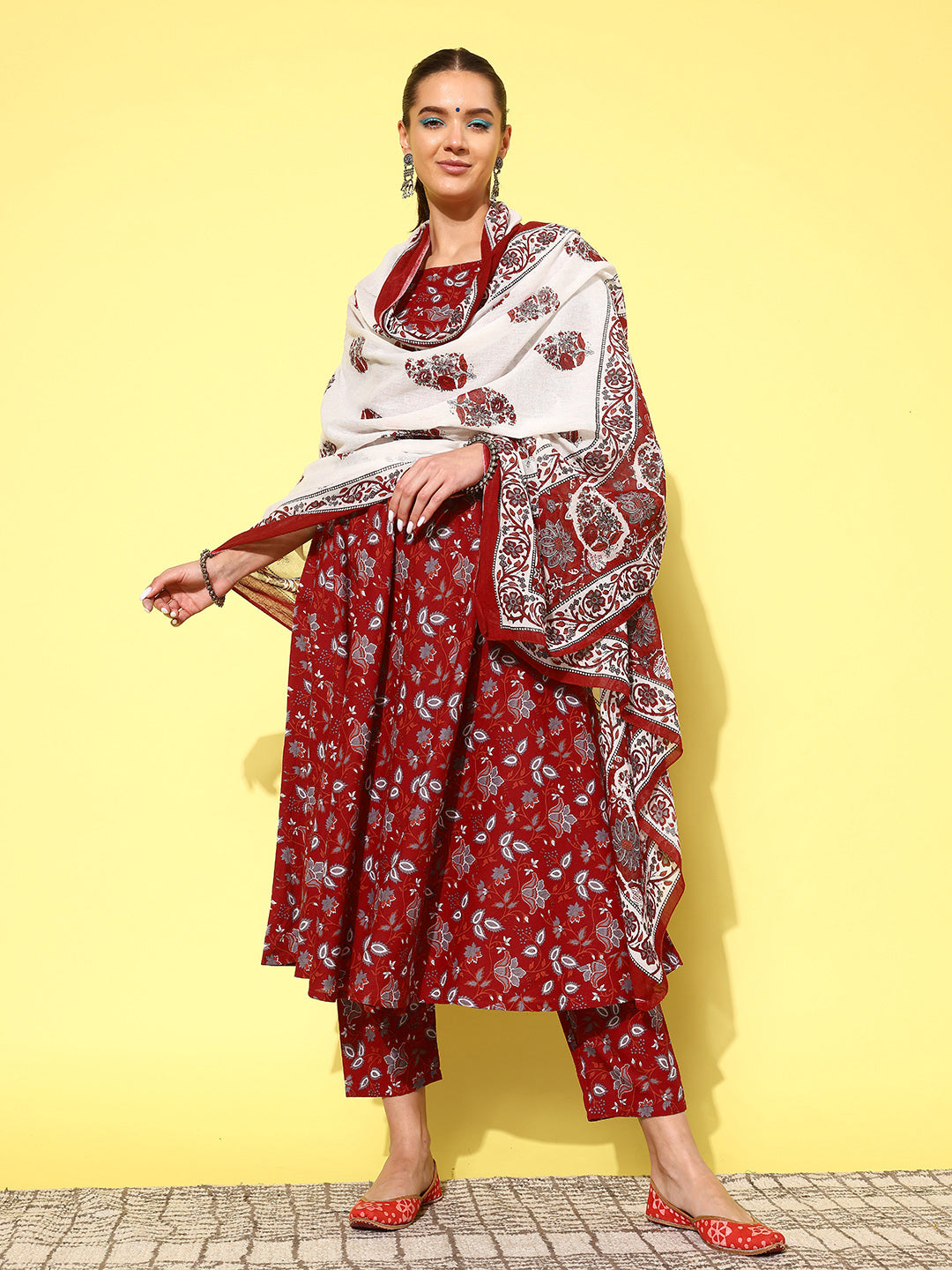 Women's Maroon Printed Anarkali Kurta With Trouser And Dupatta - Nayo Clothing