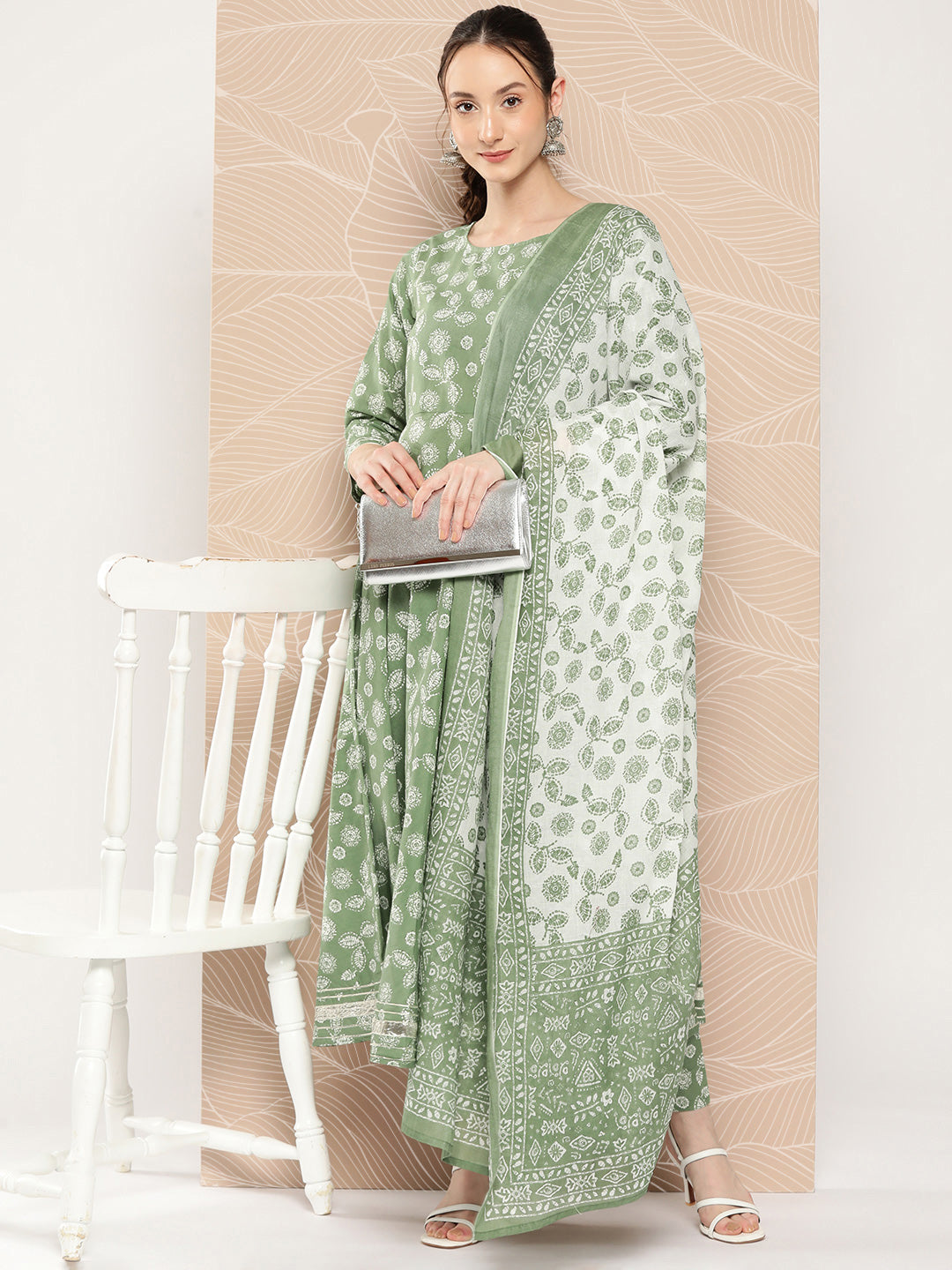 Women's Green Floral Printed Anarkali Kurta With Trouser And Dupatta - Taantav