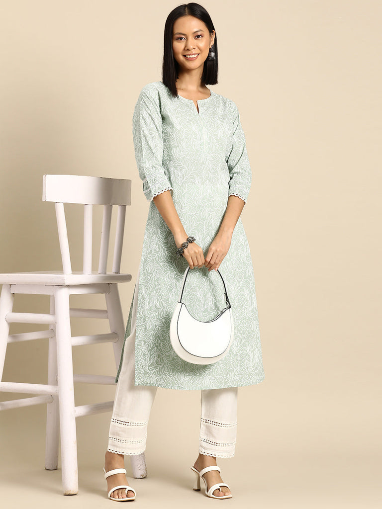 Women's Green Printed Straight Kurta With Trouser