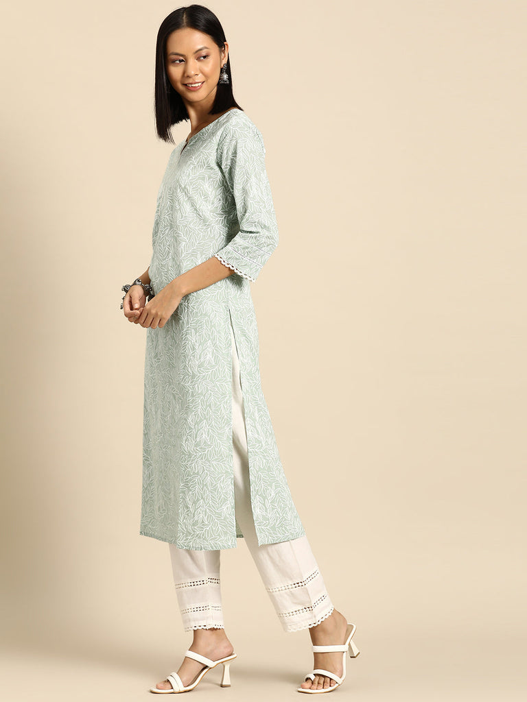 Women's Green Printed Straight Kurta With Trouser