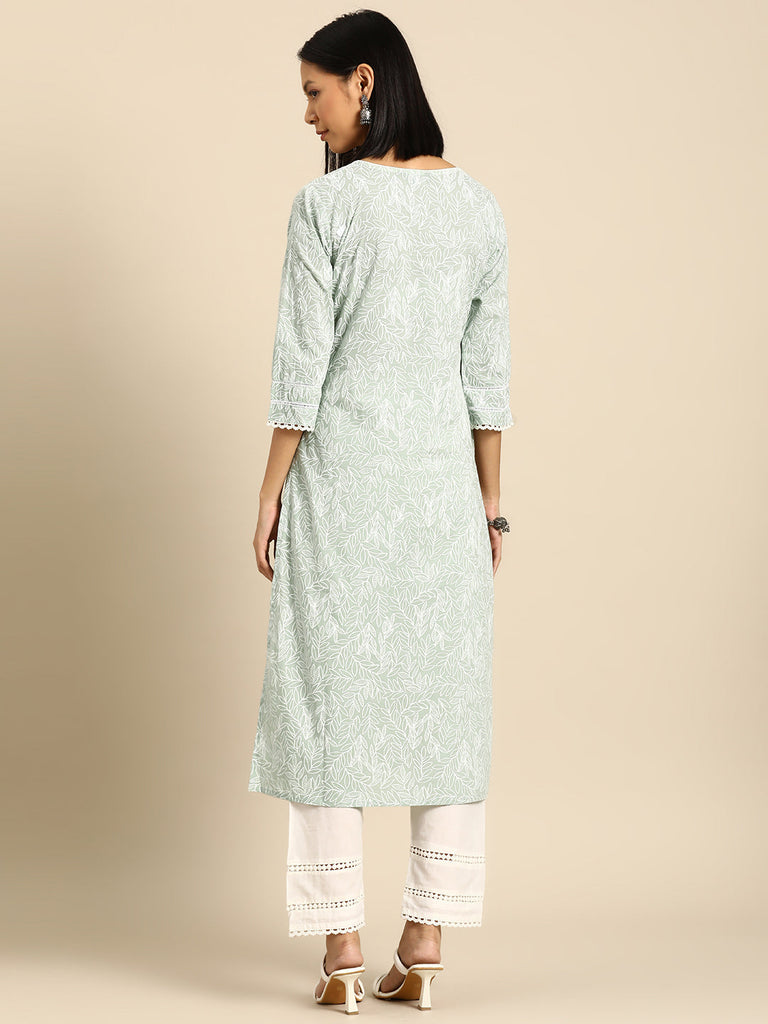 Women's Green Printed Straight Kurta With Trouser
