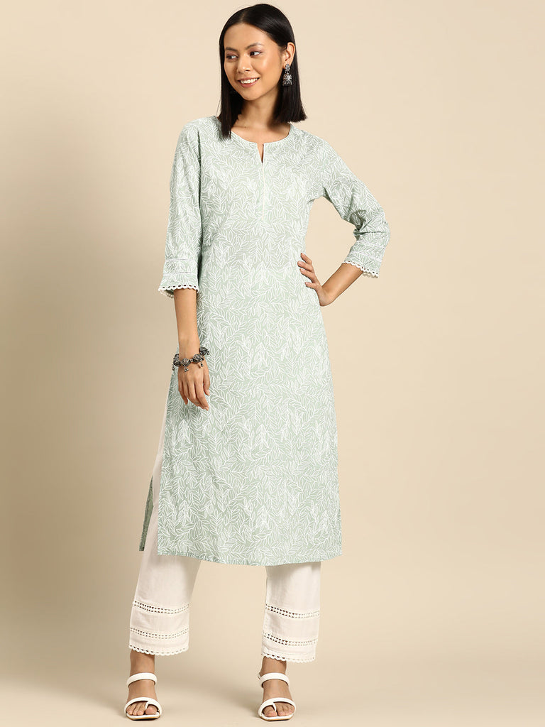 Women's Green Printed Straight Kurta With Trouser