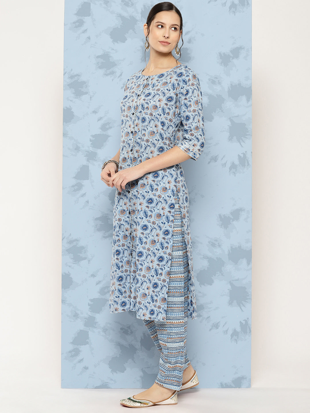 Women's Blue Floral Printed A-Line Kurta With Palazzo And Dupatta - Nayo Clothing