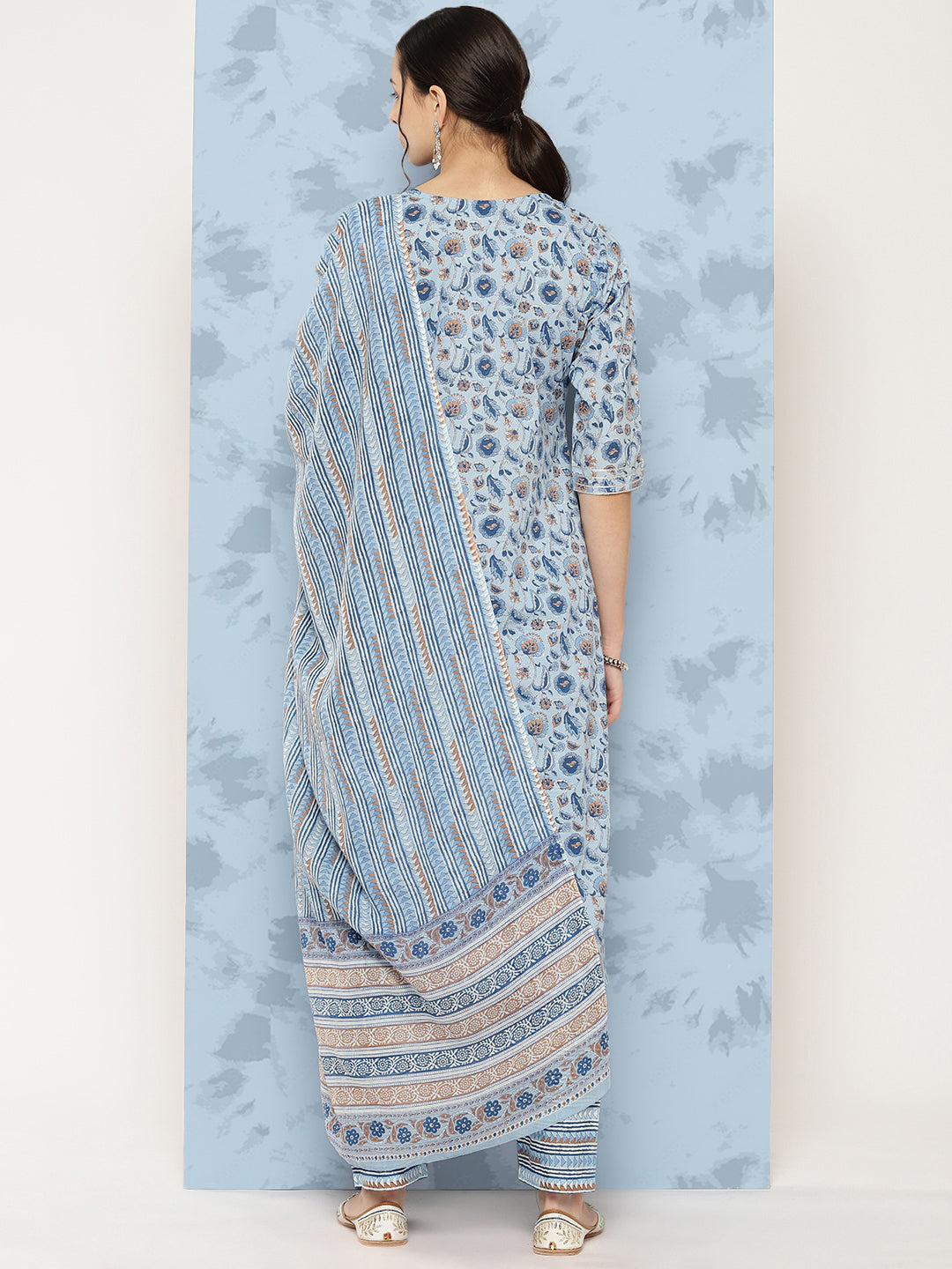 Women's Blue Floral Printed A-Line Kurta With Palazzo And Dupatta - Nayo Clothing