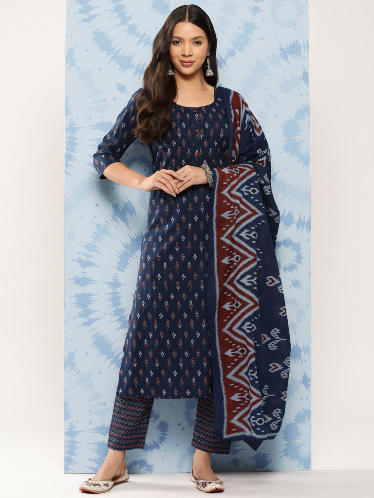 Women's Blue Ethnic Printed Straight Kurta With Trouser