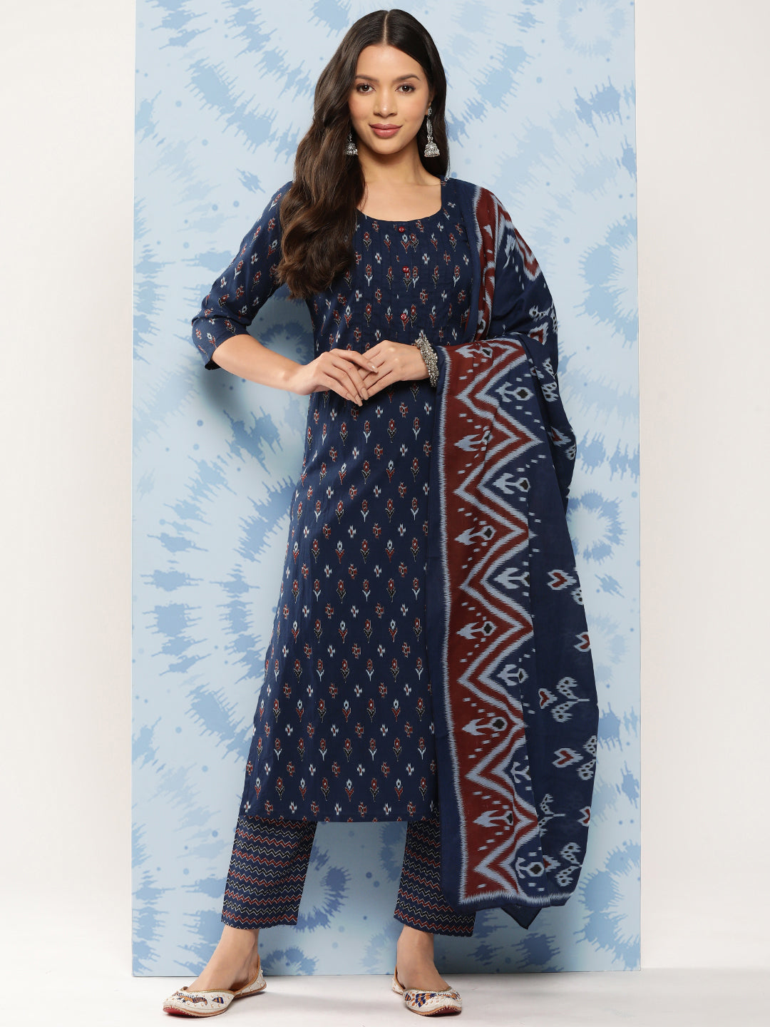 Women's Blue Ethnic Printed Straight Kurta With Trouser - Taantav