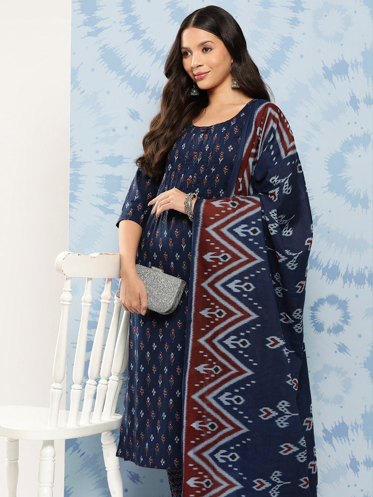 Women's Blue Ethnic Printed Straight Kurta With Trouser