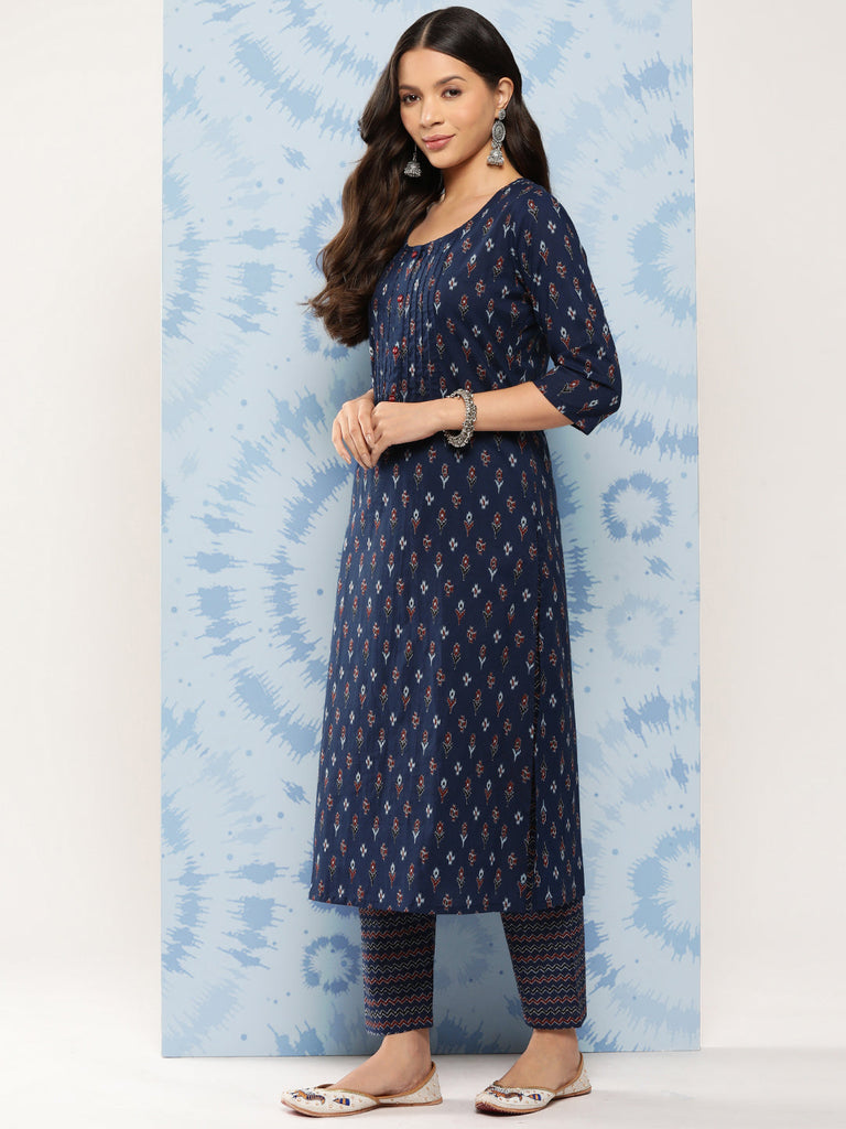 Women's Blue Ethnic Printed Straight Kurta With Trouser