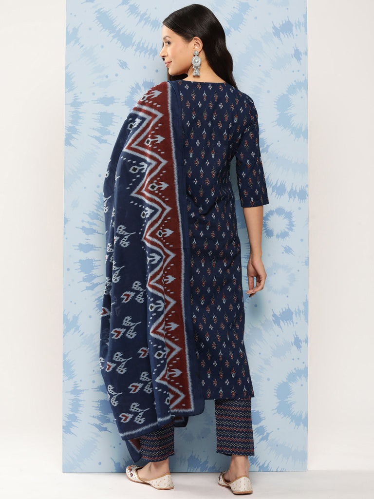Women's Blue Ethnic Printed Straight Kurta With Trouser