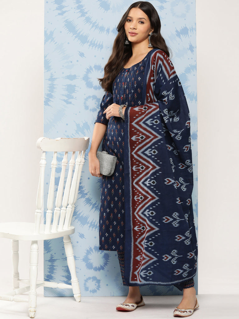 Women's Blue Ethnic Printed Straight Kurta With Trouser