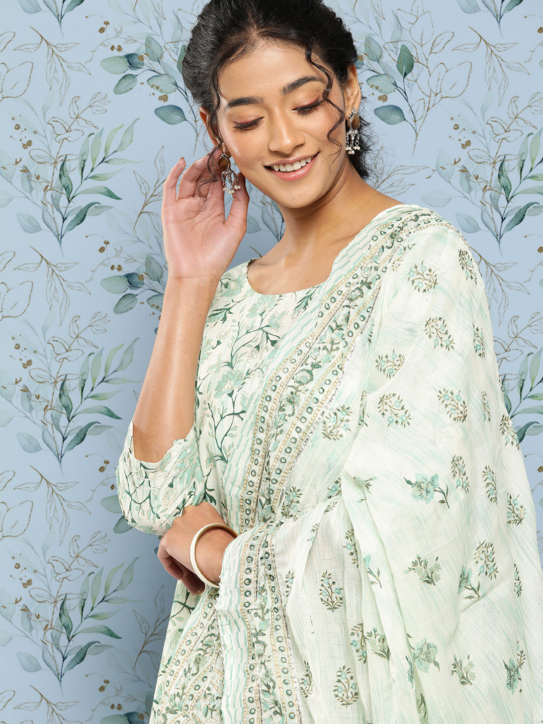 Women's Green Printed Anarkali Kurta With Trouser and Dupatta - Nayo Clothing