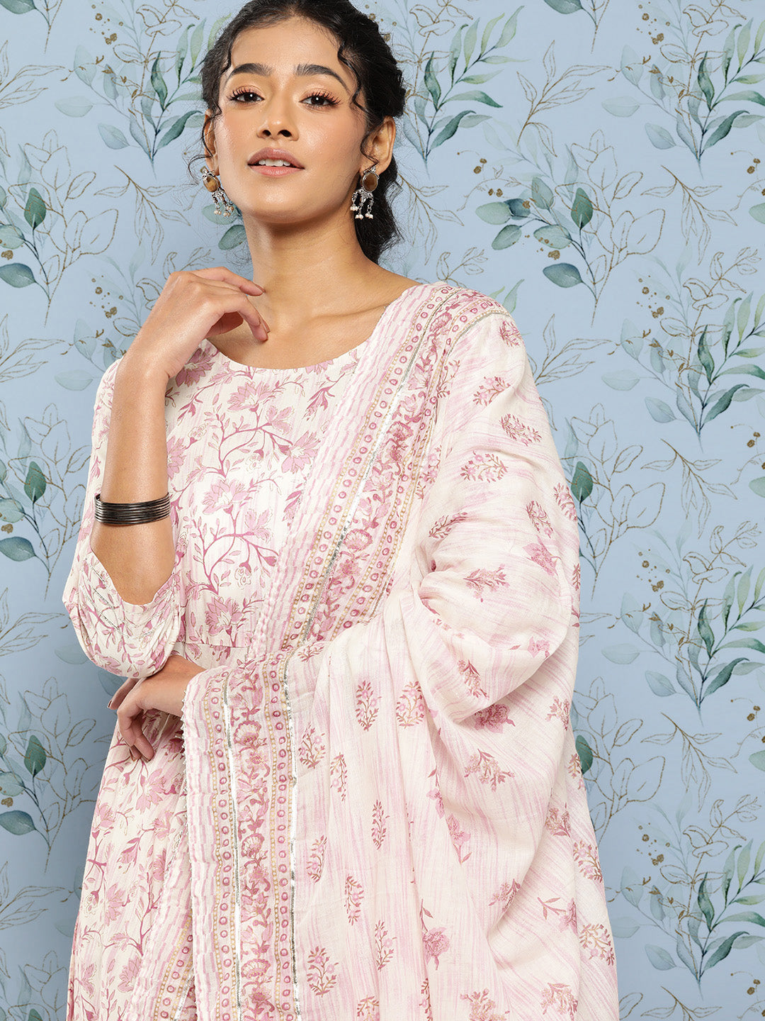 Women's Off- White & Pink Printed Anarkali Kurta With Trouser and Dupatta - Nayo Clothing