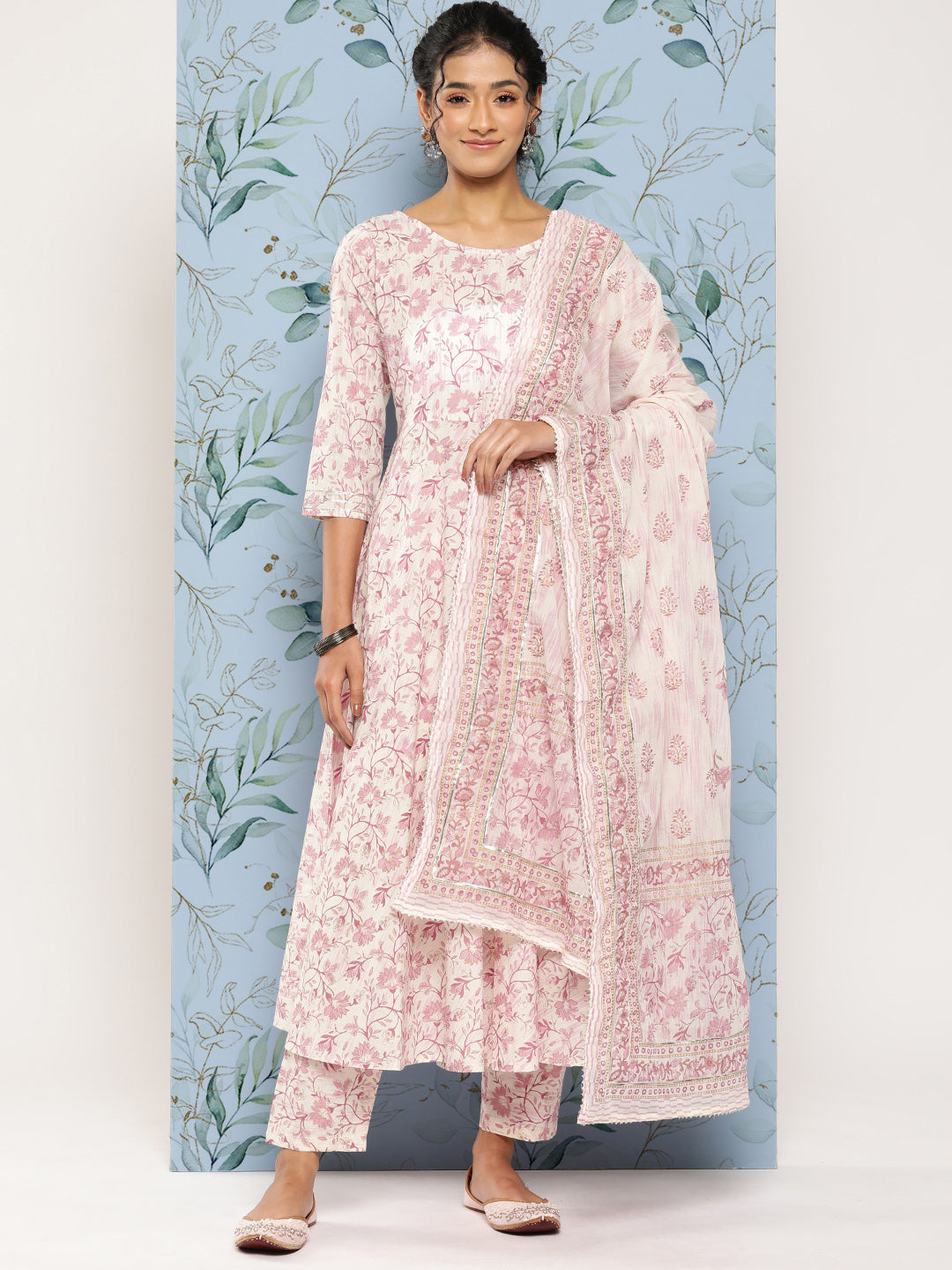 Women's Off- White & Pink Printed Anarkali Kurta With Trouser and Dupatta - Nayo Clothing