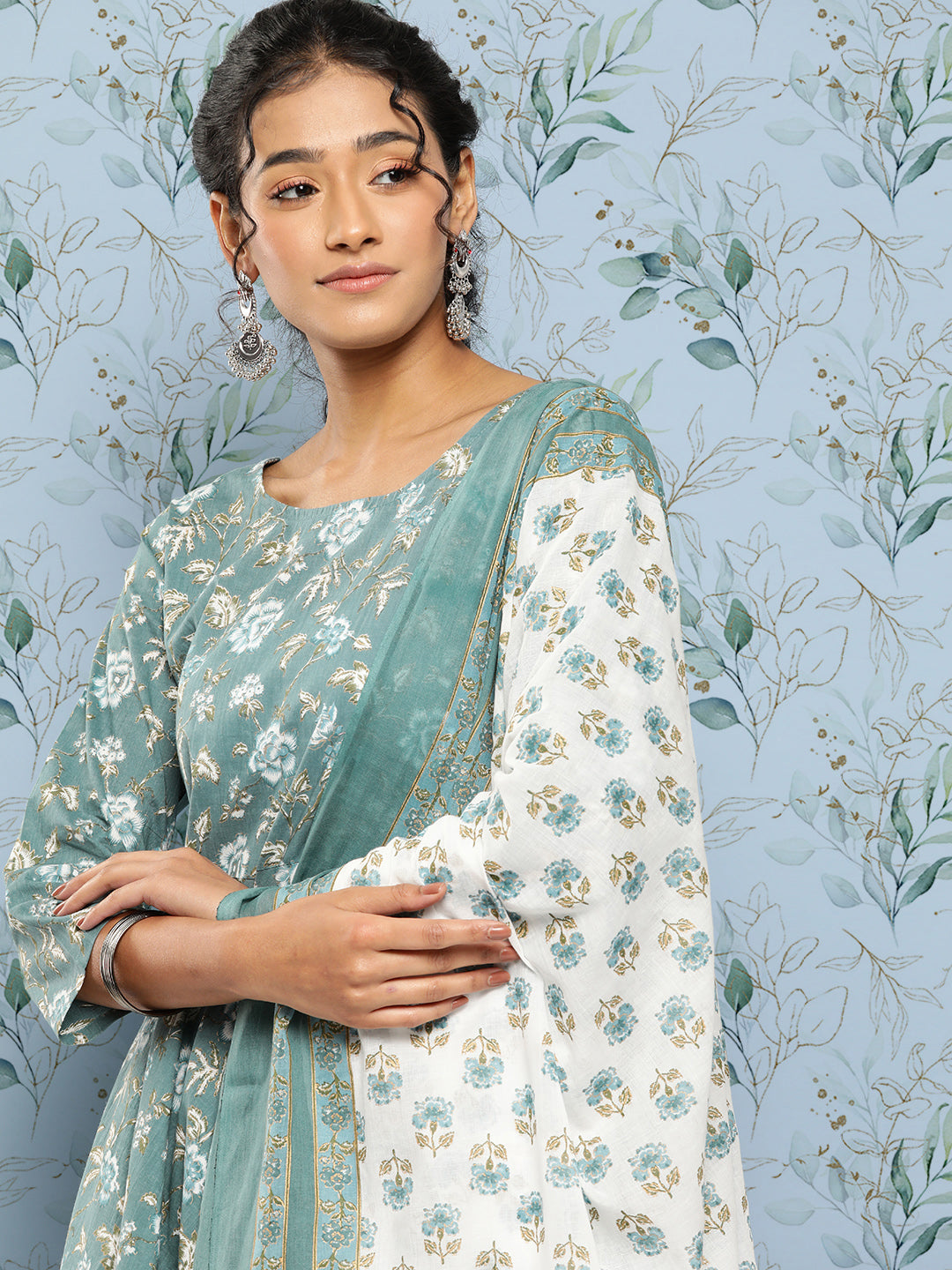 Women's Green Floral Printed Anarkali Kurta With Trouser and Dupatta - Nayo Clothing