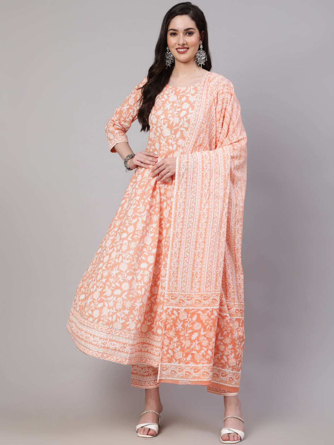 Women's Peach Printed Anarkali Kurta With Trouser and Dupatta - Nayo Clothing