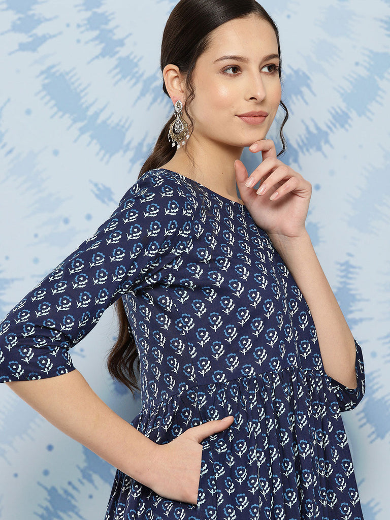 Women's Wome Navy Blue Printed Flared Dress With Three quarter Sleeves