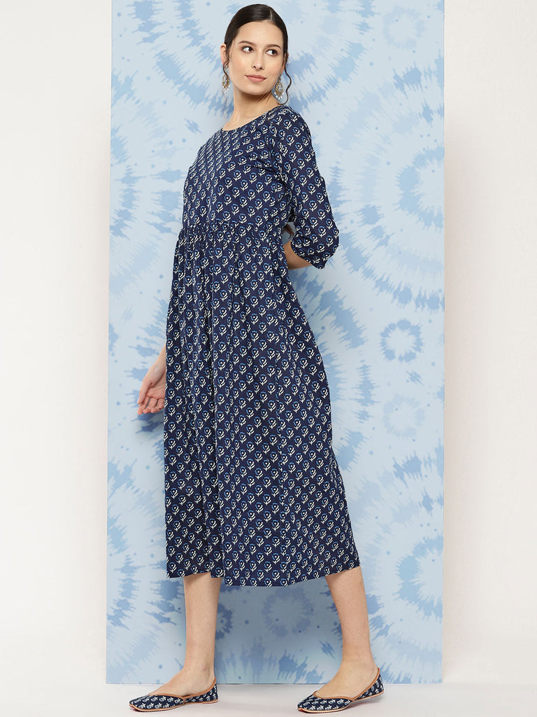 Women's Wome Navy Blue Printed Flared Dress With Three quarter Sleeves