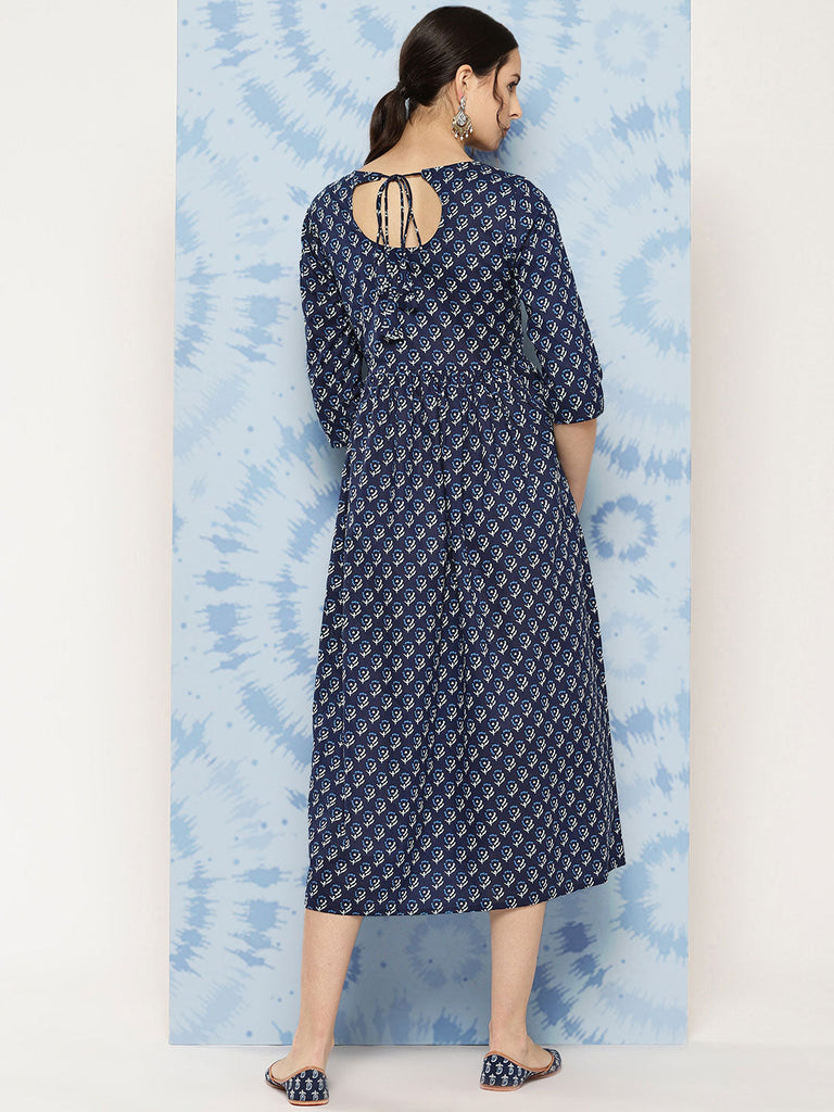 Women's Wome Navy Blue Printed Flared Dress With Three quarter Sleeves