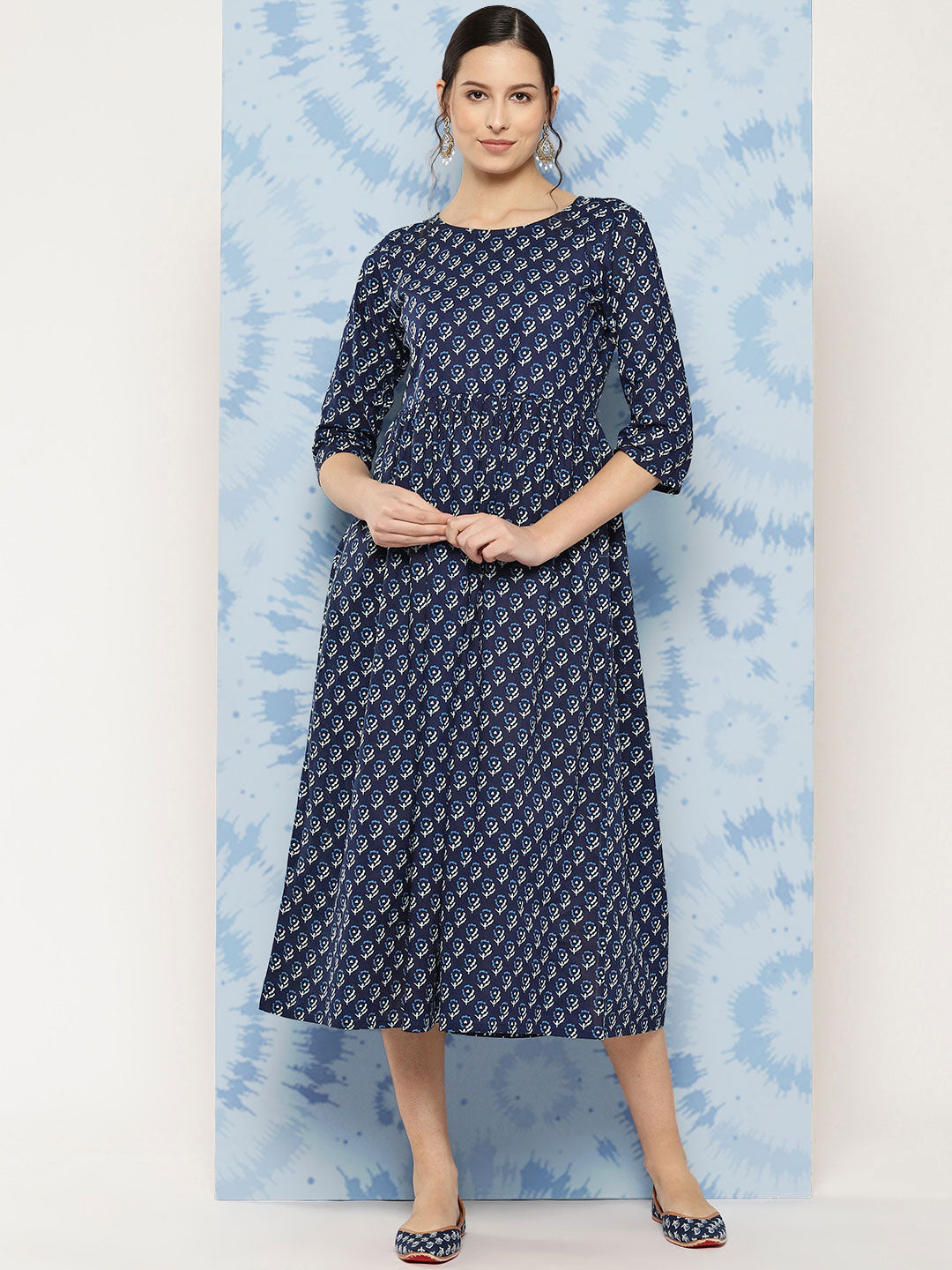 Women's Wome Navy Blue Printed Flared Dress With Three quarter Sleeves - Nayo Clothing