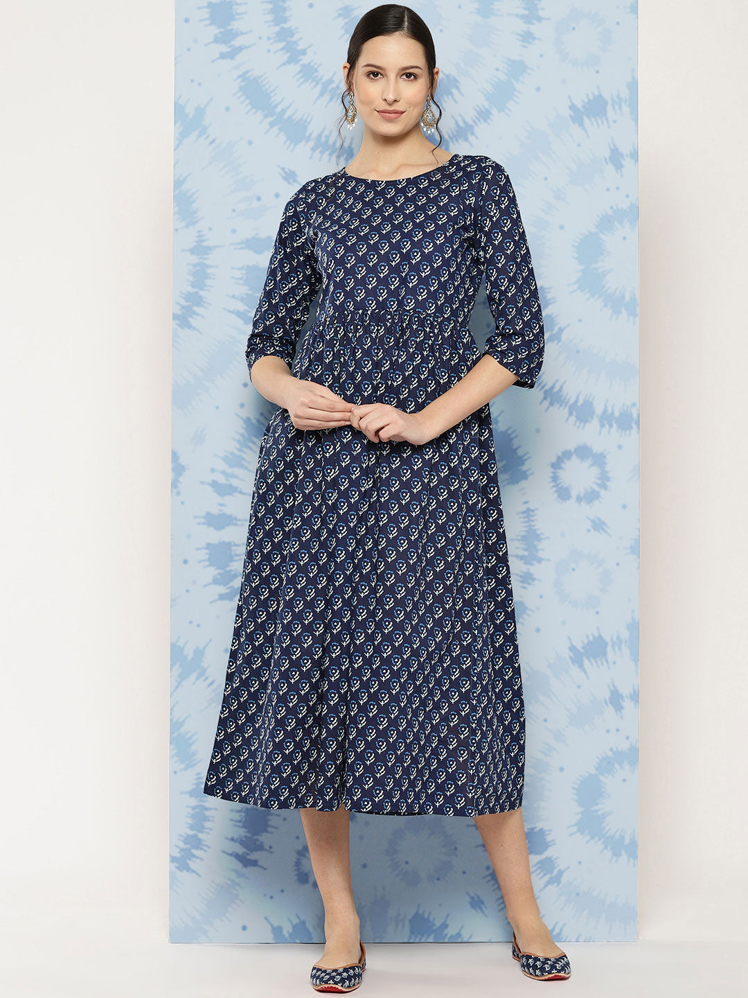 Women's Wome Navy Blue Printed Flared Dress With Three quarter Sleeves, S | Trendia Global Women's Wome Navy Blue Printed Flared Dress With Three quarter Sleeves, S | Trendia Global