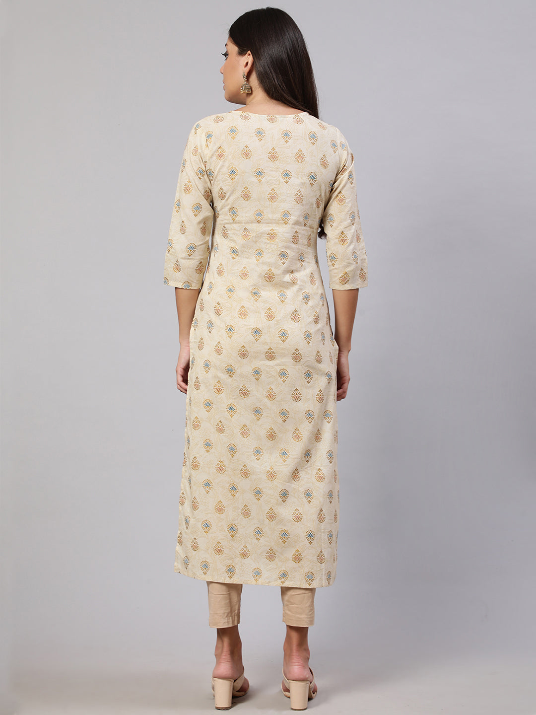 Women's Cream Ethnic Printed Straight Kurta with Three Quarter Sleeves - Nayo Clothing