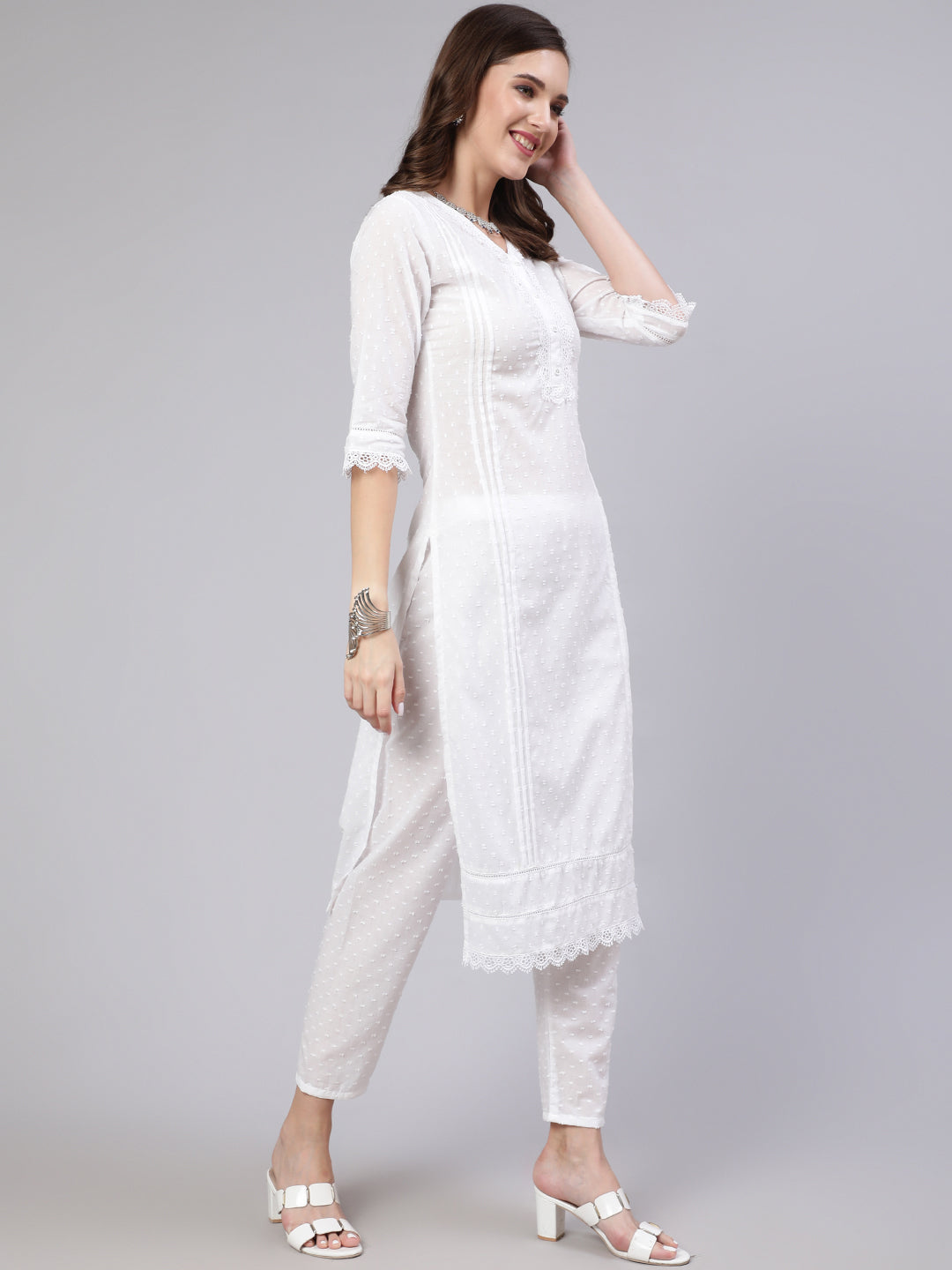 Women's White Lace details Straight Kurta With Trouser And Net Dupatta - Nayo Clothing