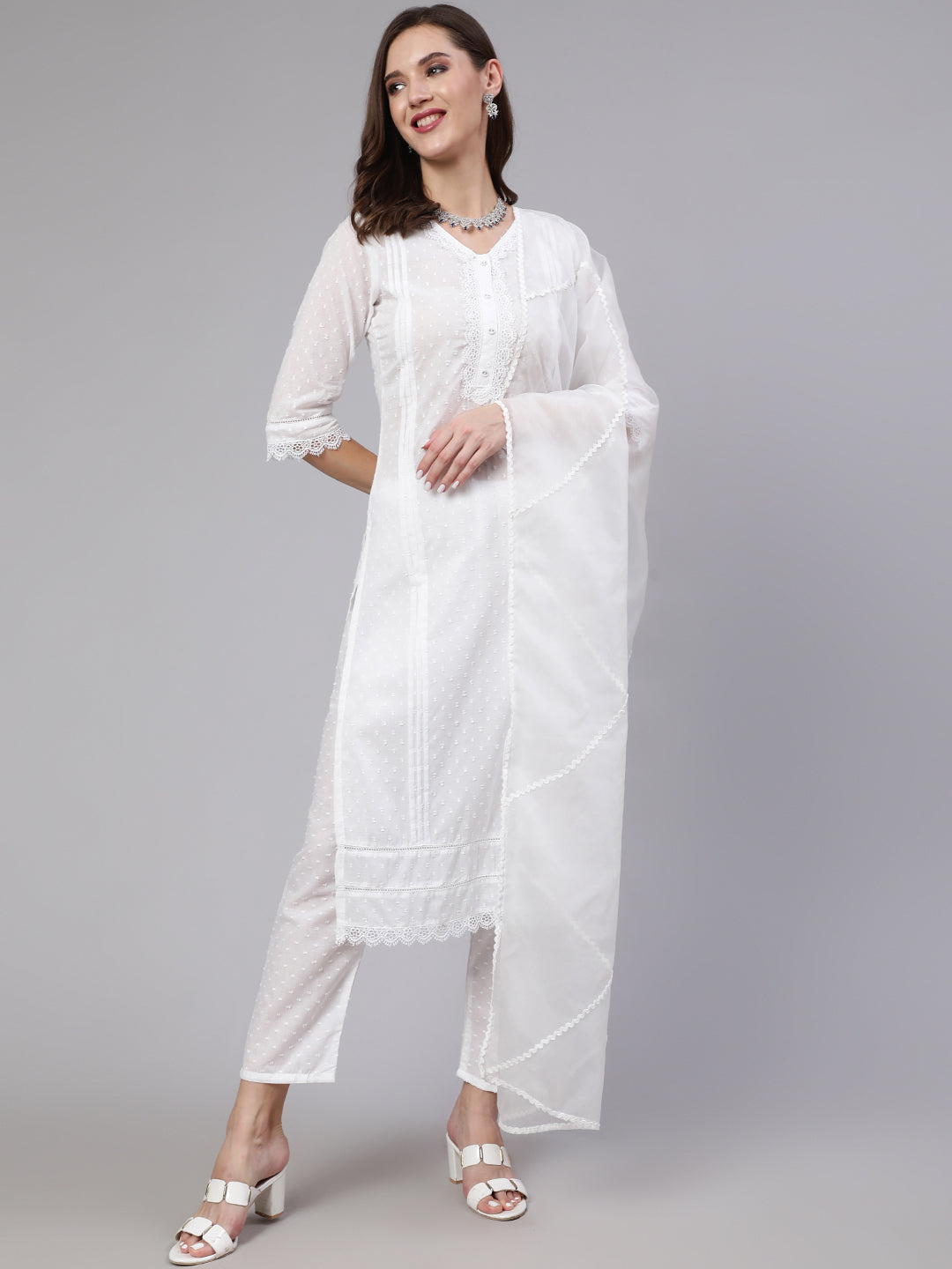 Women's White Lace details Straight Kurta With Trouser And Net Dupatta - Nayo Clothing