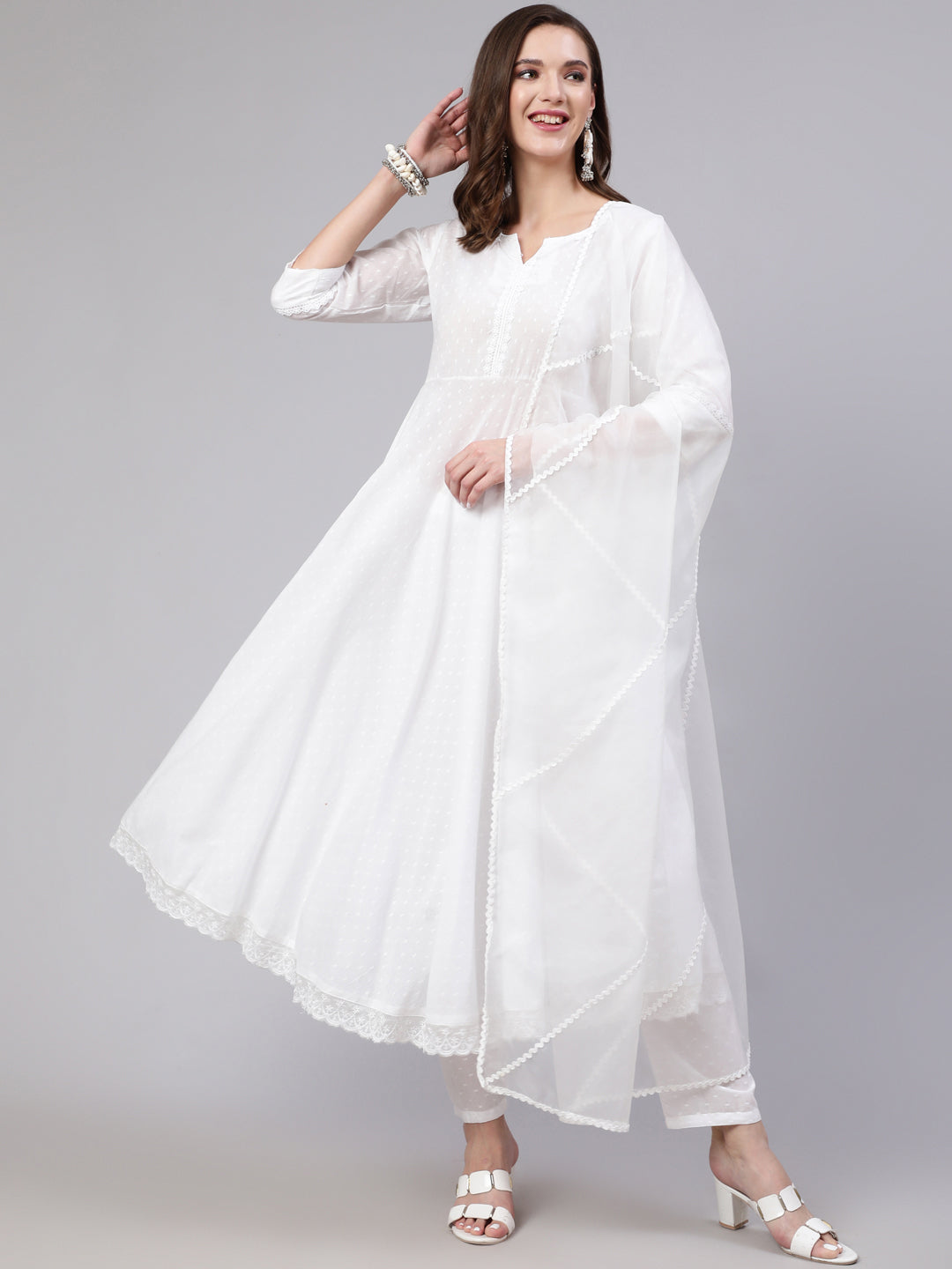 Women's White Lace details Flared Kurta With Trouser And Dupatta - Nayo Clothing