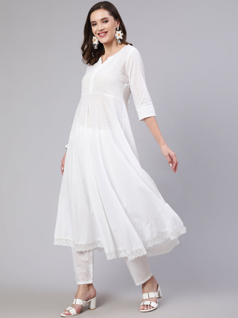 Women's White Lace details Flared Kurta With Trouser And Dupatta