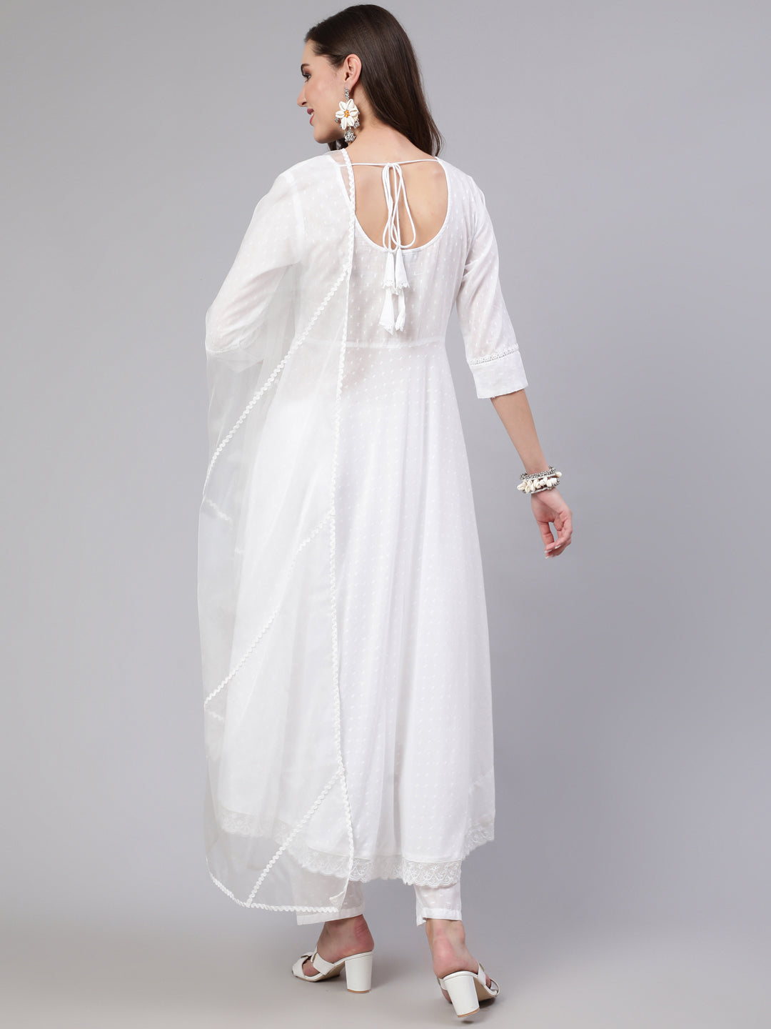 Women's White Lace details Flared Kurta With Trouser And Dupatta - Nayo Clothing