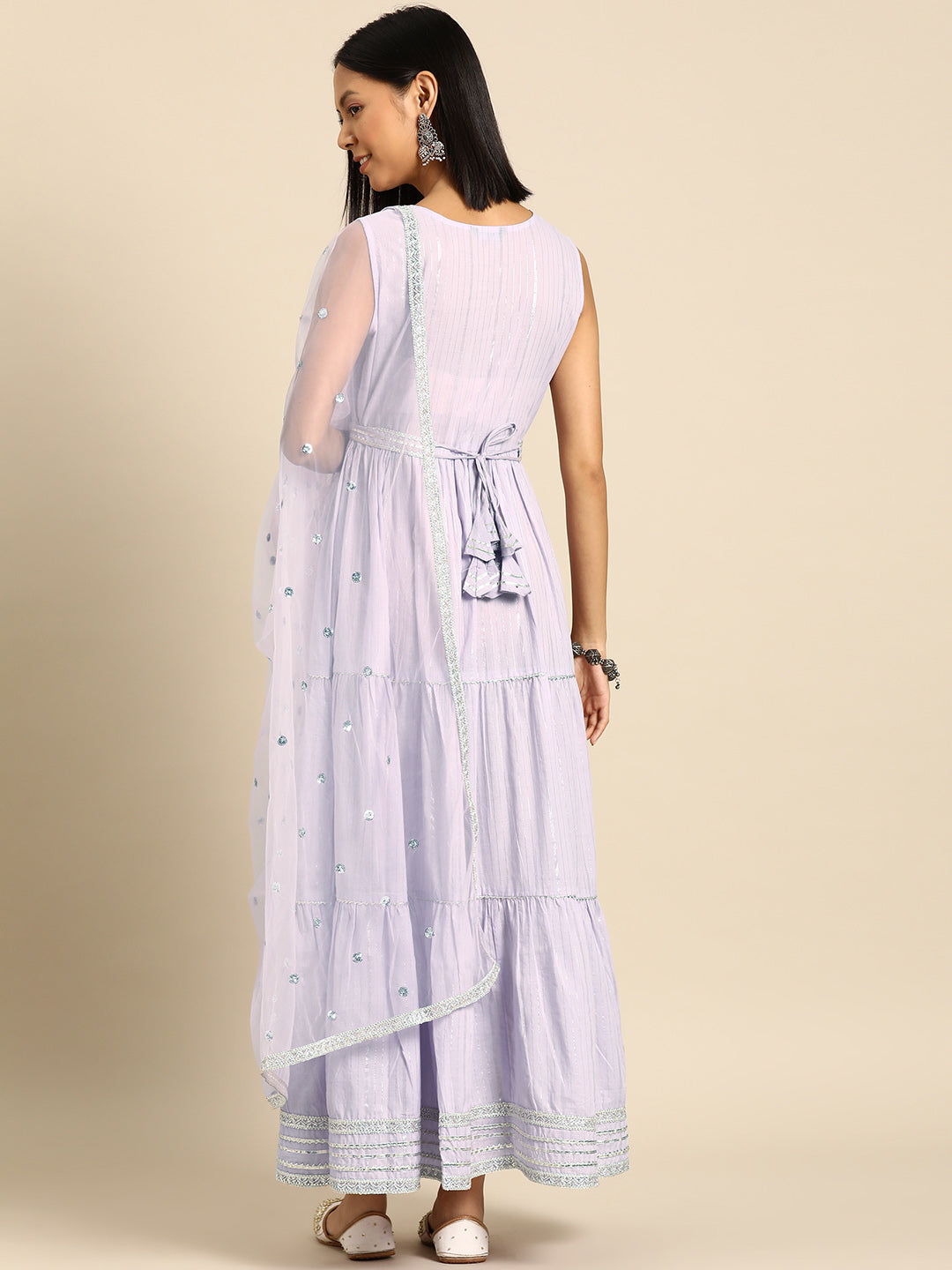 Women's Lavender Embroidered Flared Dress With Scalloped Dupatta - Nayo Clothing