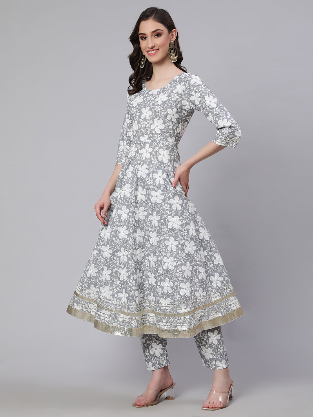 Women's Grey Ethnic Printed Anarkali Kurta With Trouser And Dupatta - Nayo Clothing