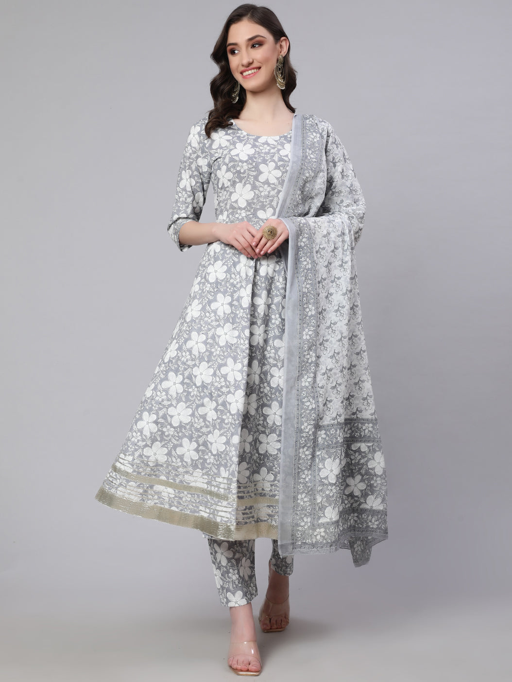 Women's Grey Ethnic Printed Anarkali Kurta With Trouser And Dupatta - Nayo Clothing