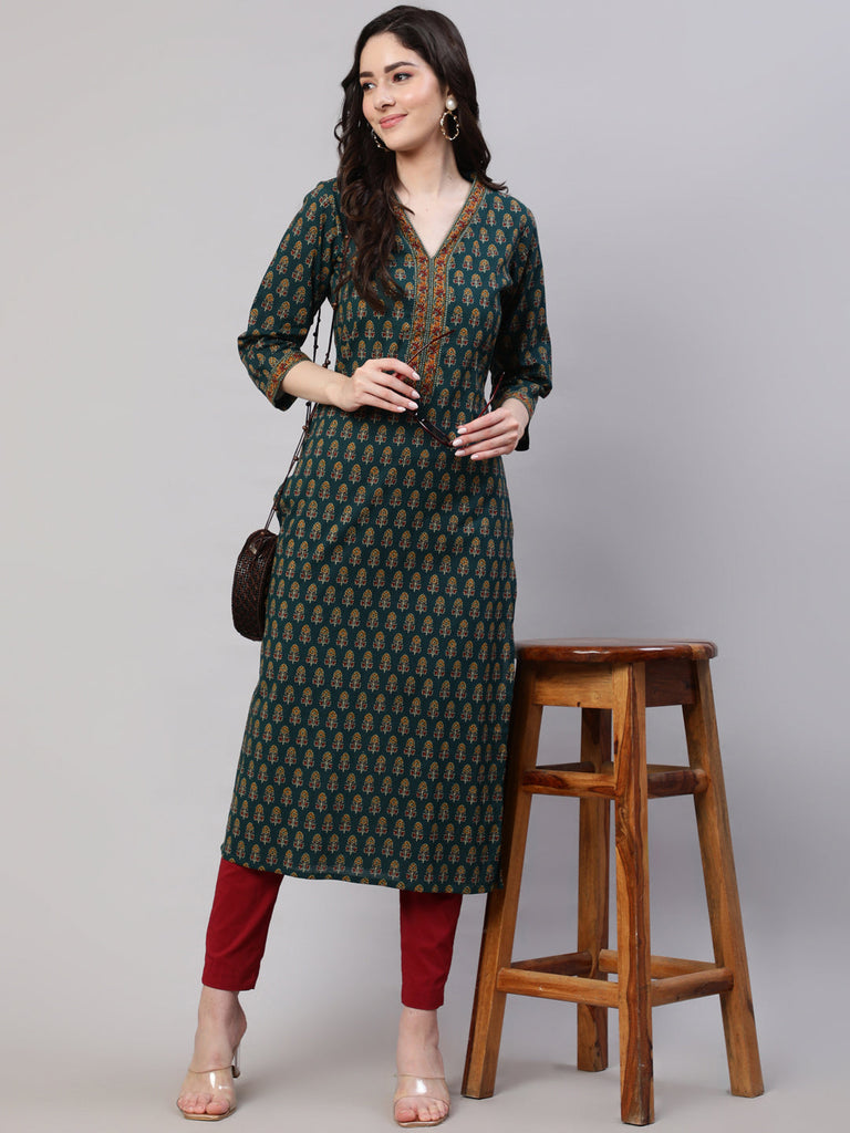Women's Green Ethnic Printed Straight Kurta With Three Quarter Sleeves