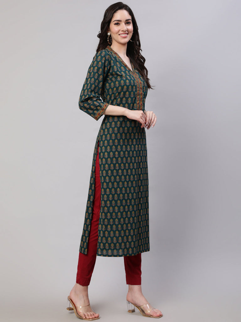 Women's Green Ethnic Printed Straight Kurta With Three Quarter Sleeves