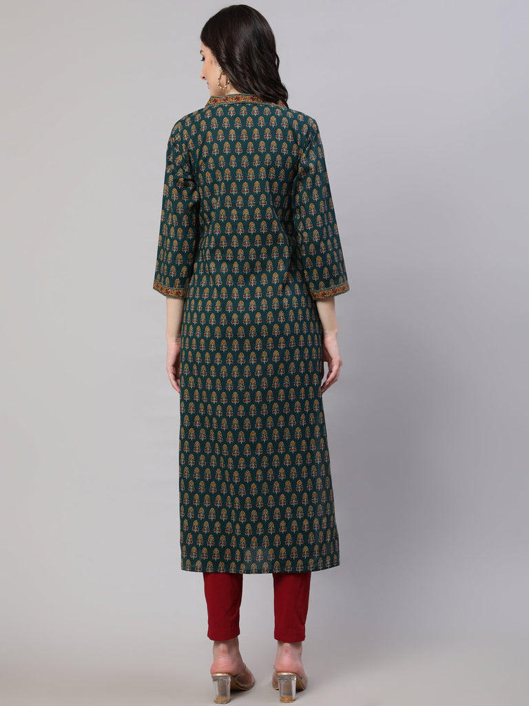 Women's Green Ethnic Printed Straight Kurta With Three Quarter Sleeves