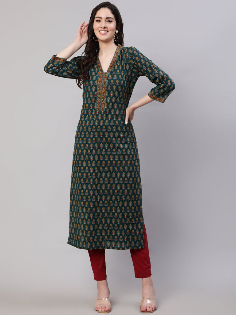 Women's Green Ethnic Printed Straight Kurta With Three Quarter Sleeves