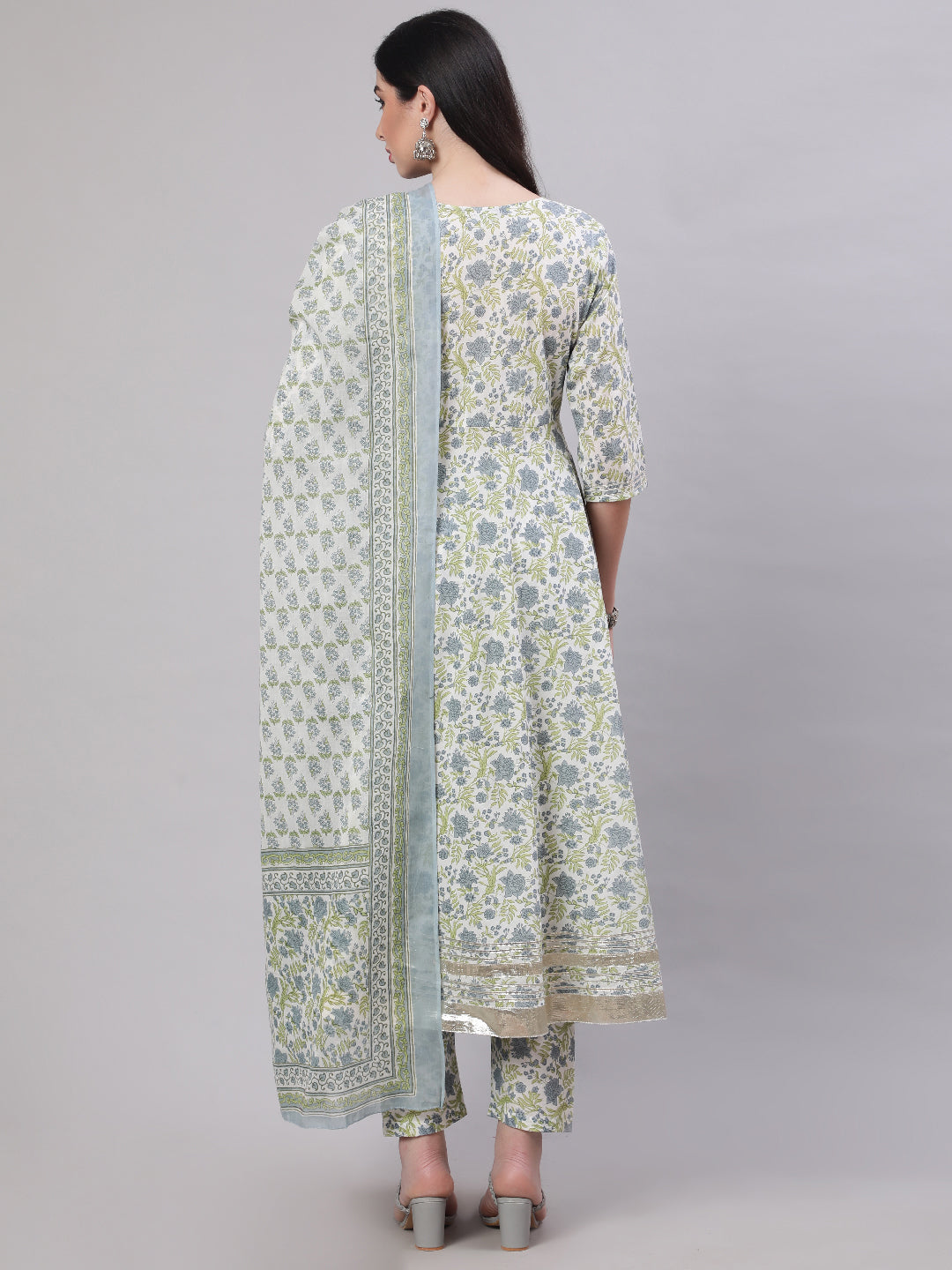 Women's Off-White Floral Printed Flared Kurta With Trouser And Dupatta - Taantav