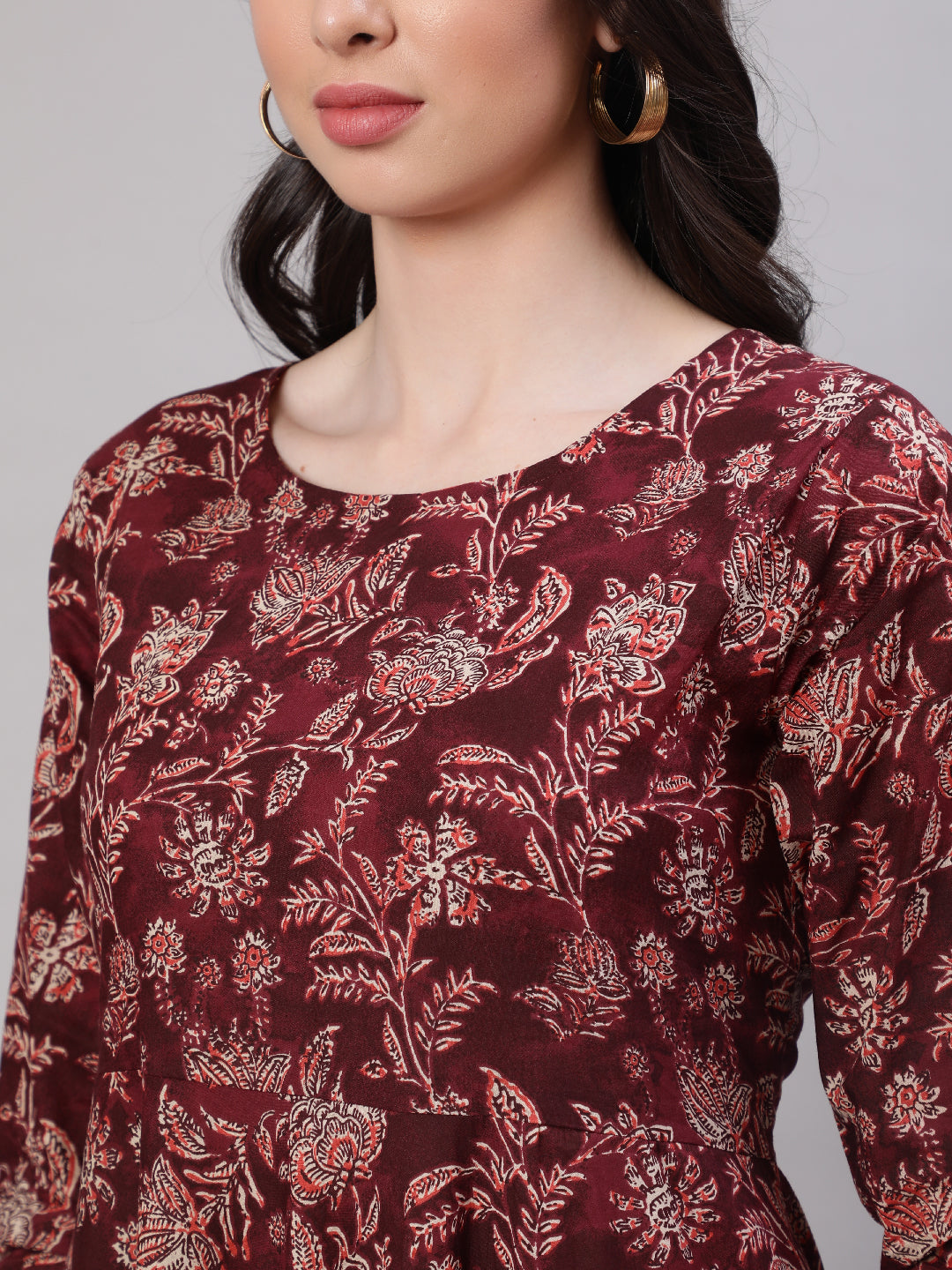 Women's Burgundy Floral Printed Flared Kurta With Trouser And Dupatta - Nayo Clothing