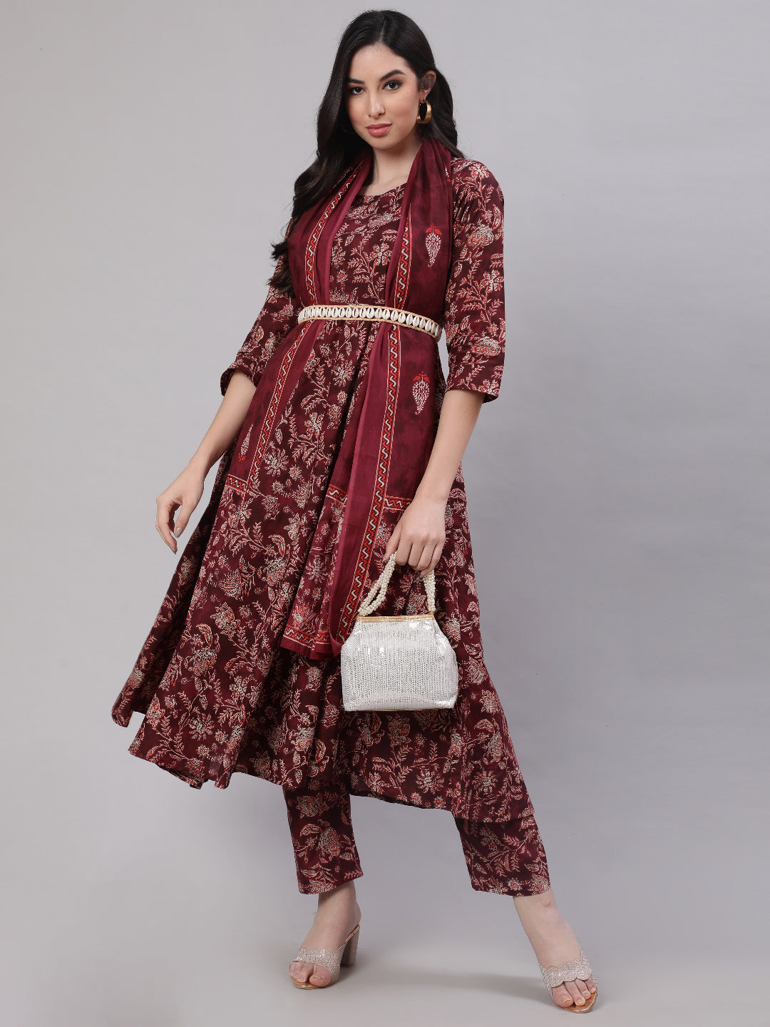 Women's Burgundy Floral Printed Flared Kurta With Trouser And Dupatta - Nayo Clothing