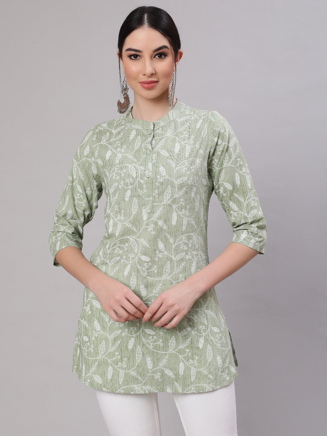 Women's Green Ethnic Printed Straight Tunic - Nayo Clothing