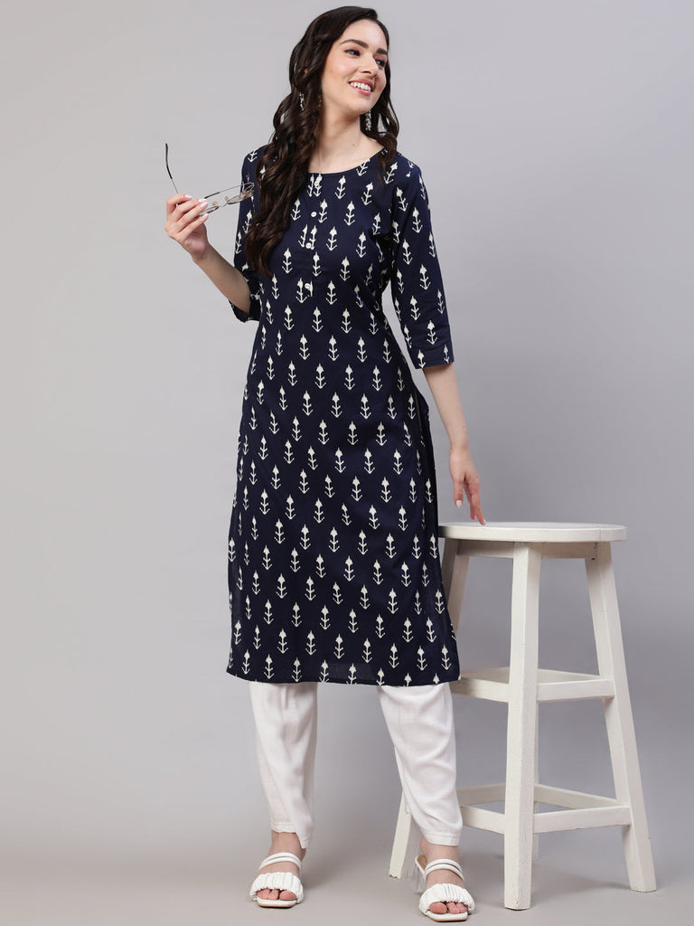 Women's Navy Blue Printed Straight Kurta With Three Quarter Sleeves