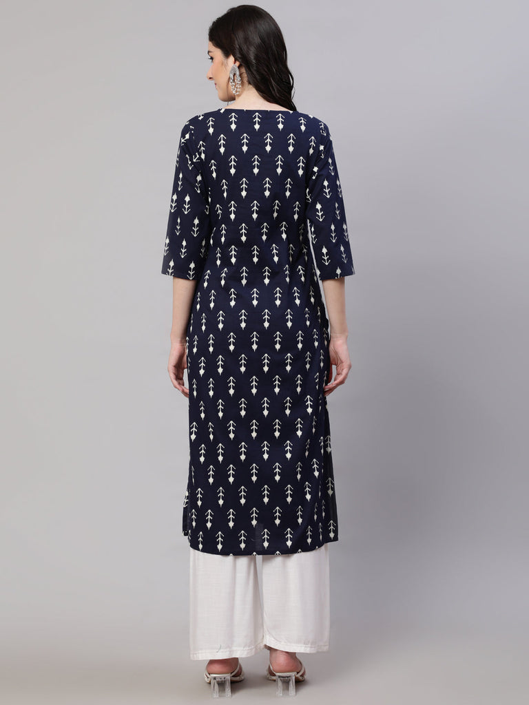 Women's Navy Blue Printed Straight Kurta With Three Quarter Sleeves