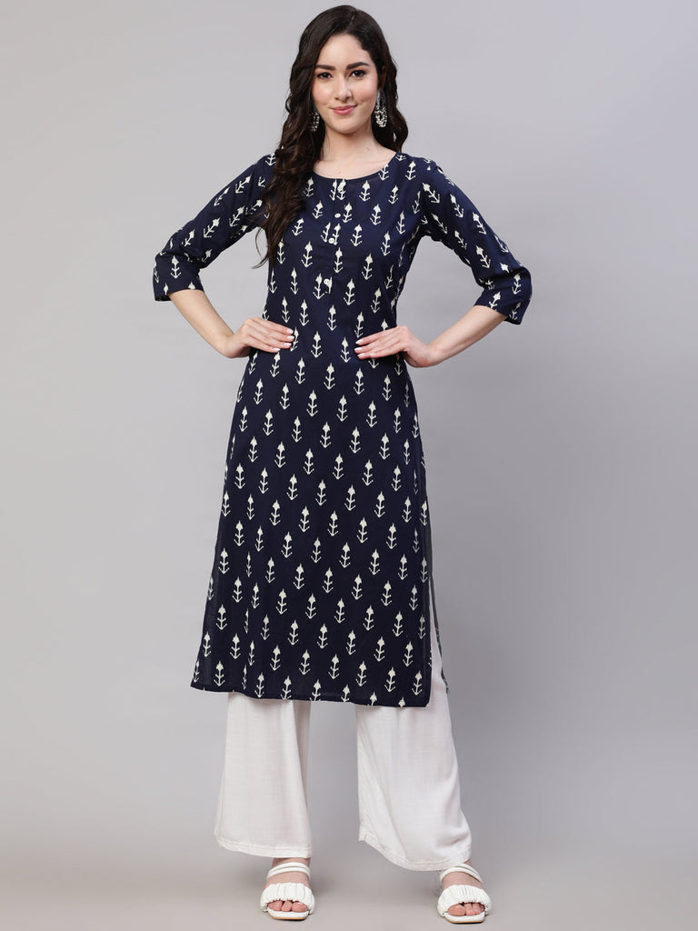 Women's Navy Blue Printed Straight Kurta With Three Quarter Sleeves