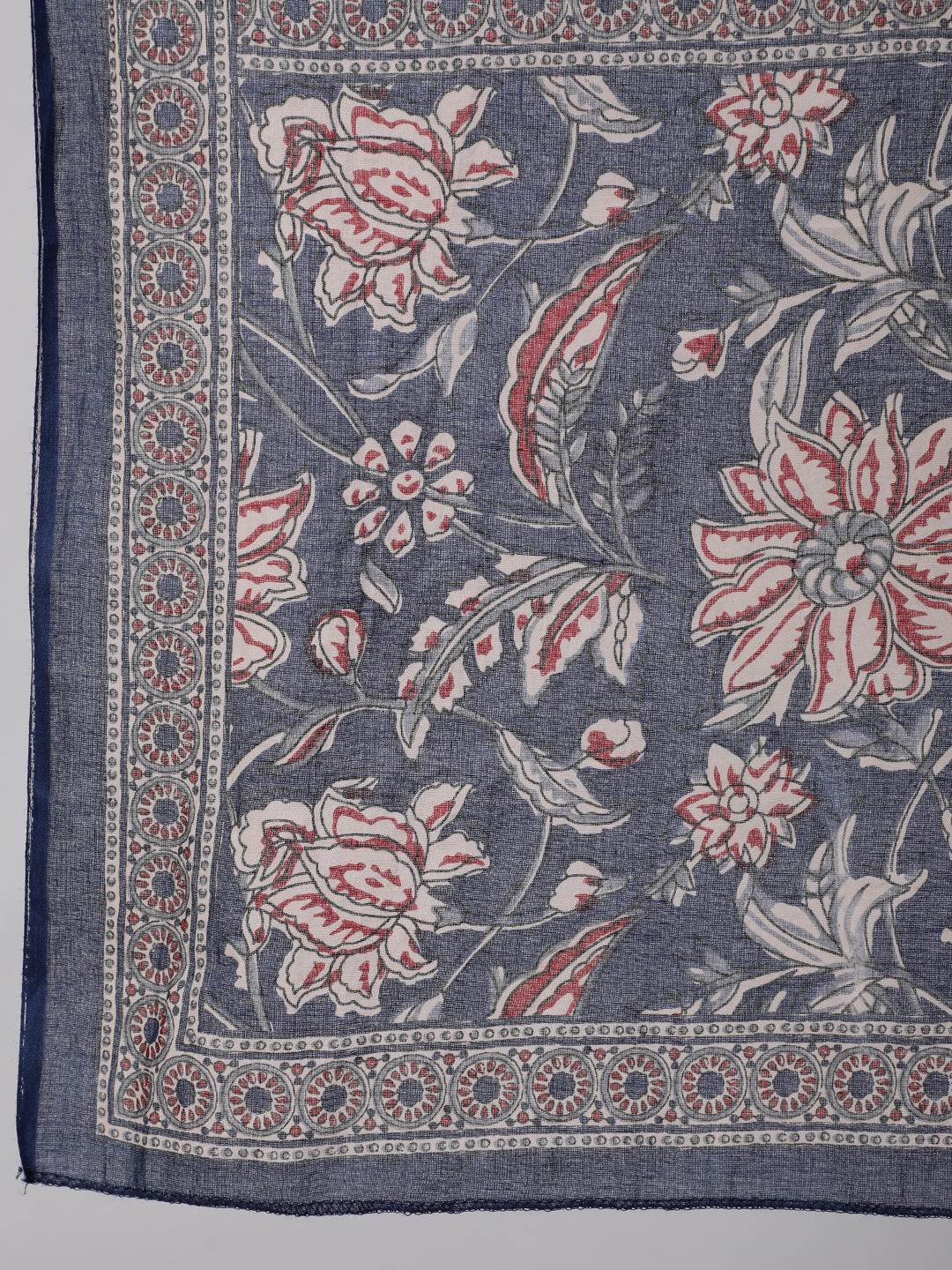 Women's Blue Floral Printed Anarkali Kurta With Trouser And Dupatta - Taantav