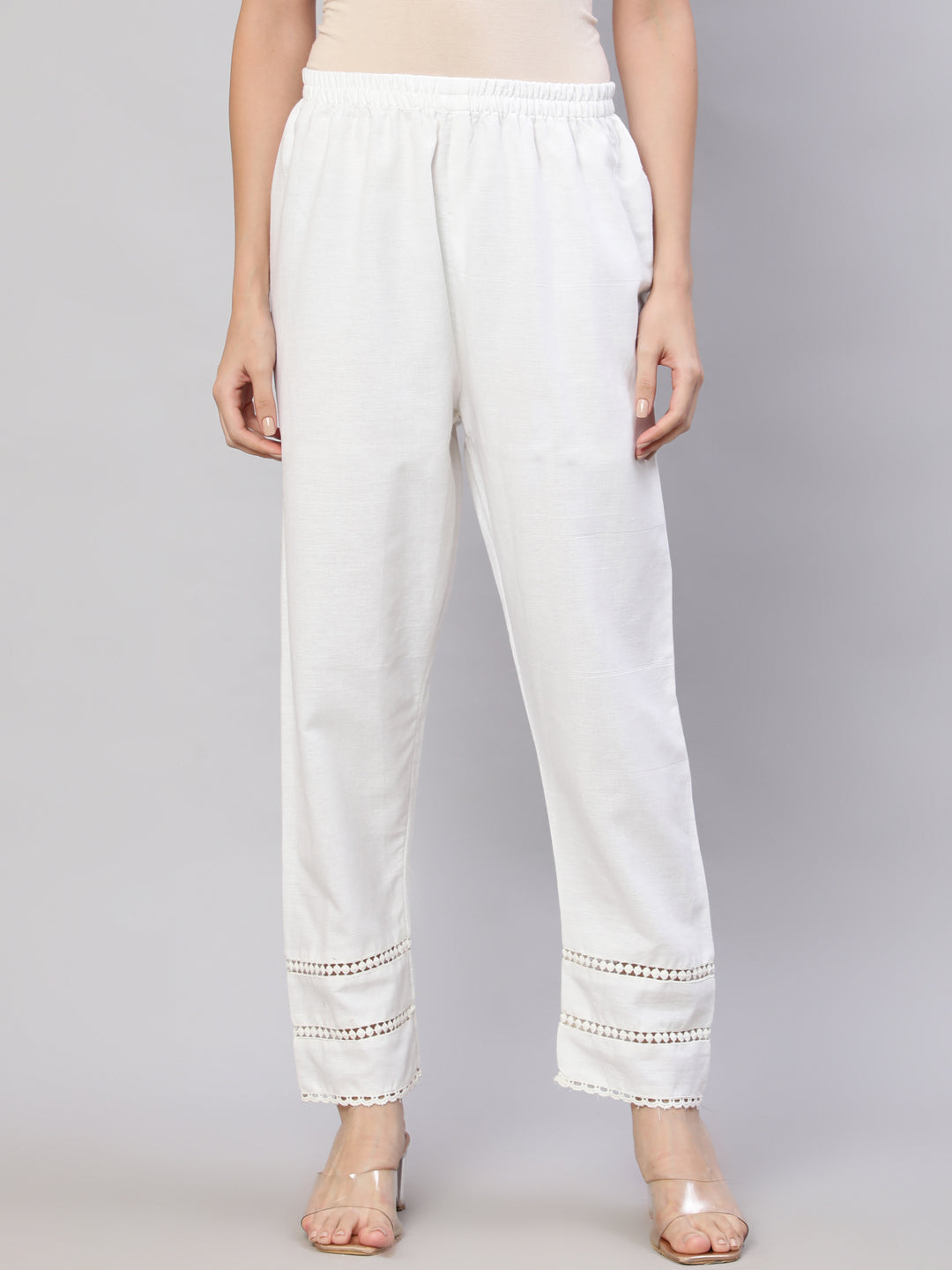 Women's White Solid Pant With Lace Details - Nayo Clothing
