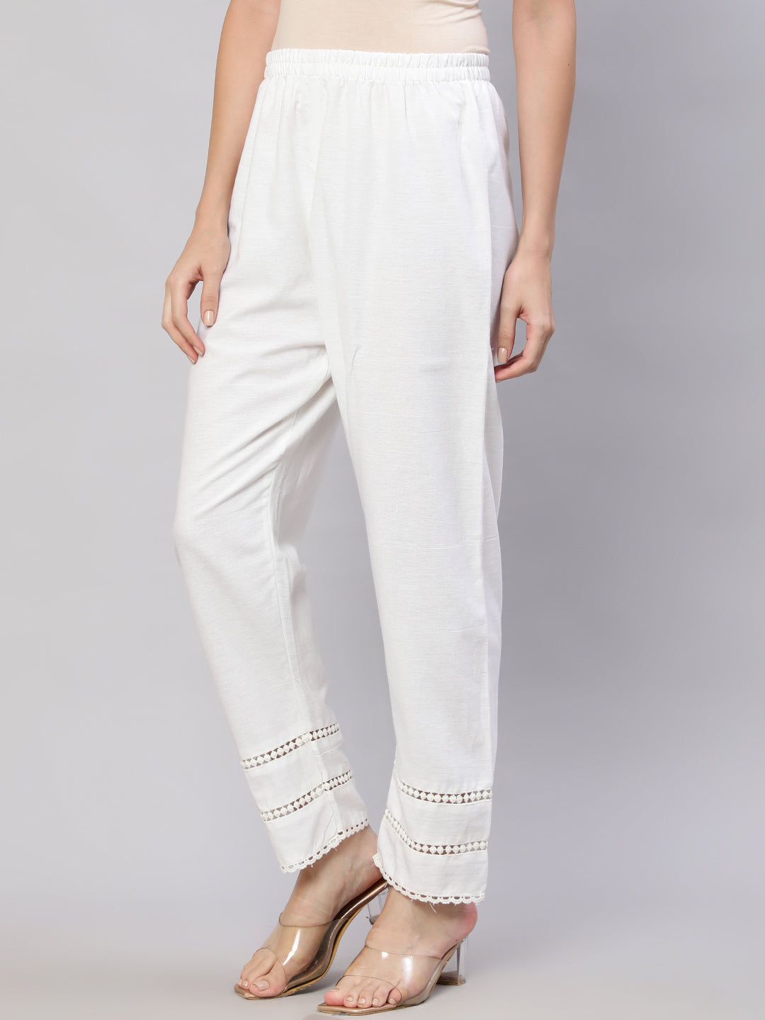 Women's White Solid Pant With Lace Details - Nayo Clothing