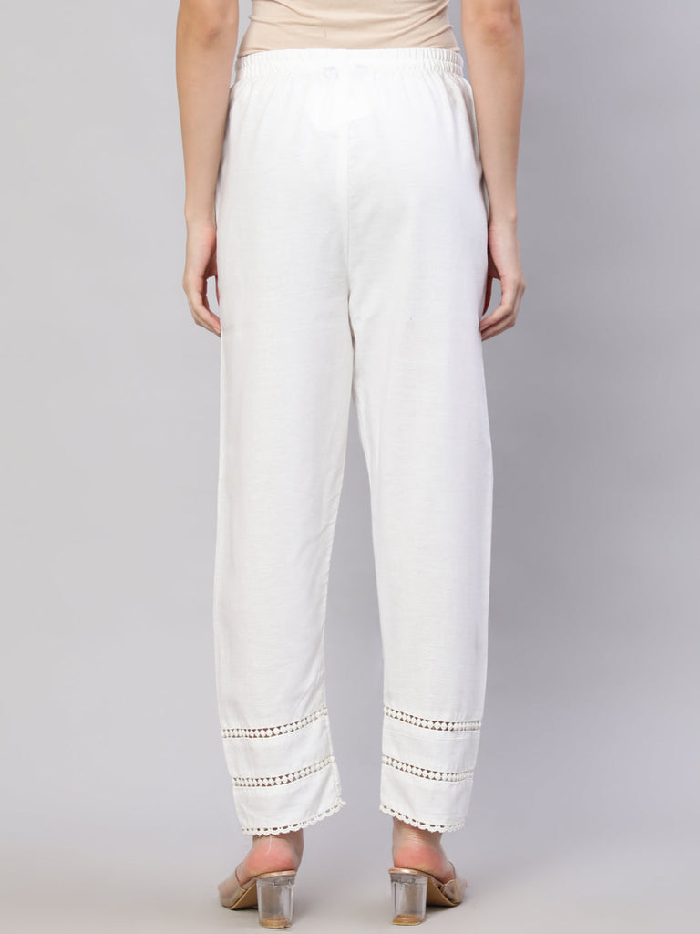 Women's White Solid Pant With Lace Details